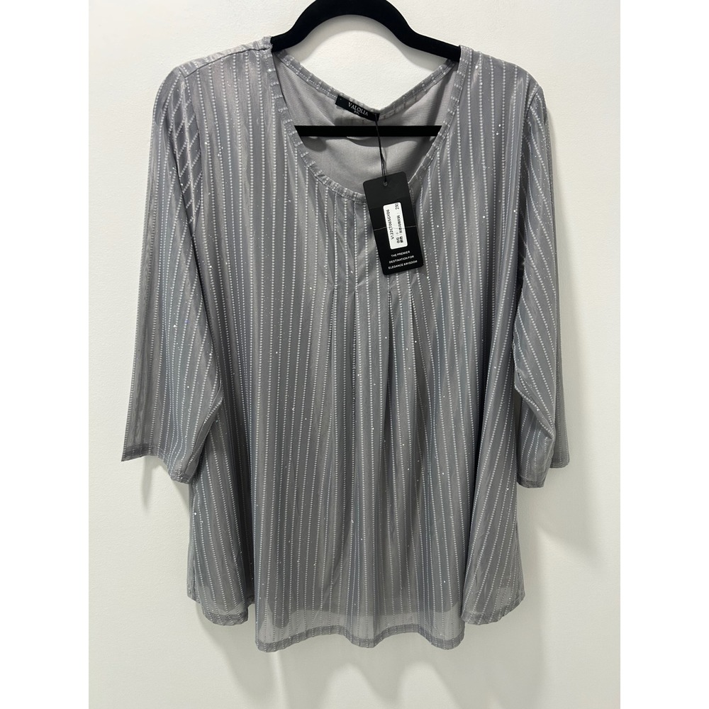 Valolia NWT Women XXL Grey Glitter Pinstripe Pleated Mesh 3/4 Sleeve Blouse New